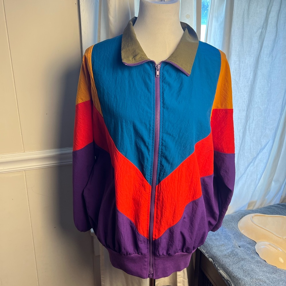 Purple and Red Bomber Jacket with 90s Color Block Style